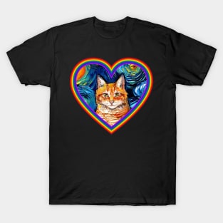 Orange Tabby Cat in a Rainbow Heart T-Shirt